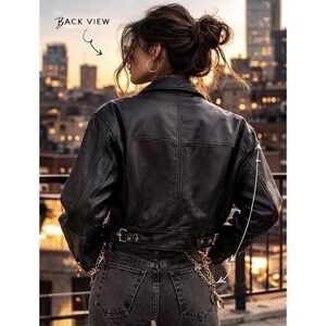 Vintage Tannery West Womens Black Leather Jacket Belt Size XS Biker Moto